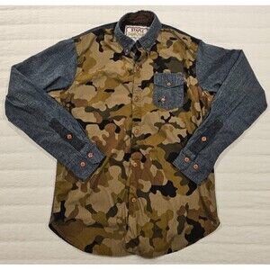Mens Staple Pigeon Brand Small Shirt Blue Chambray Camouflage Cotton Button Down